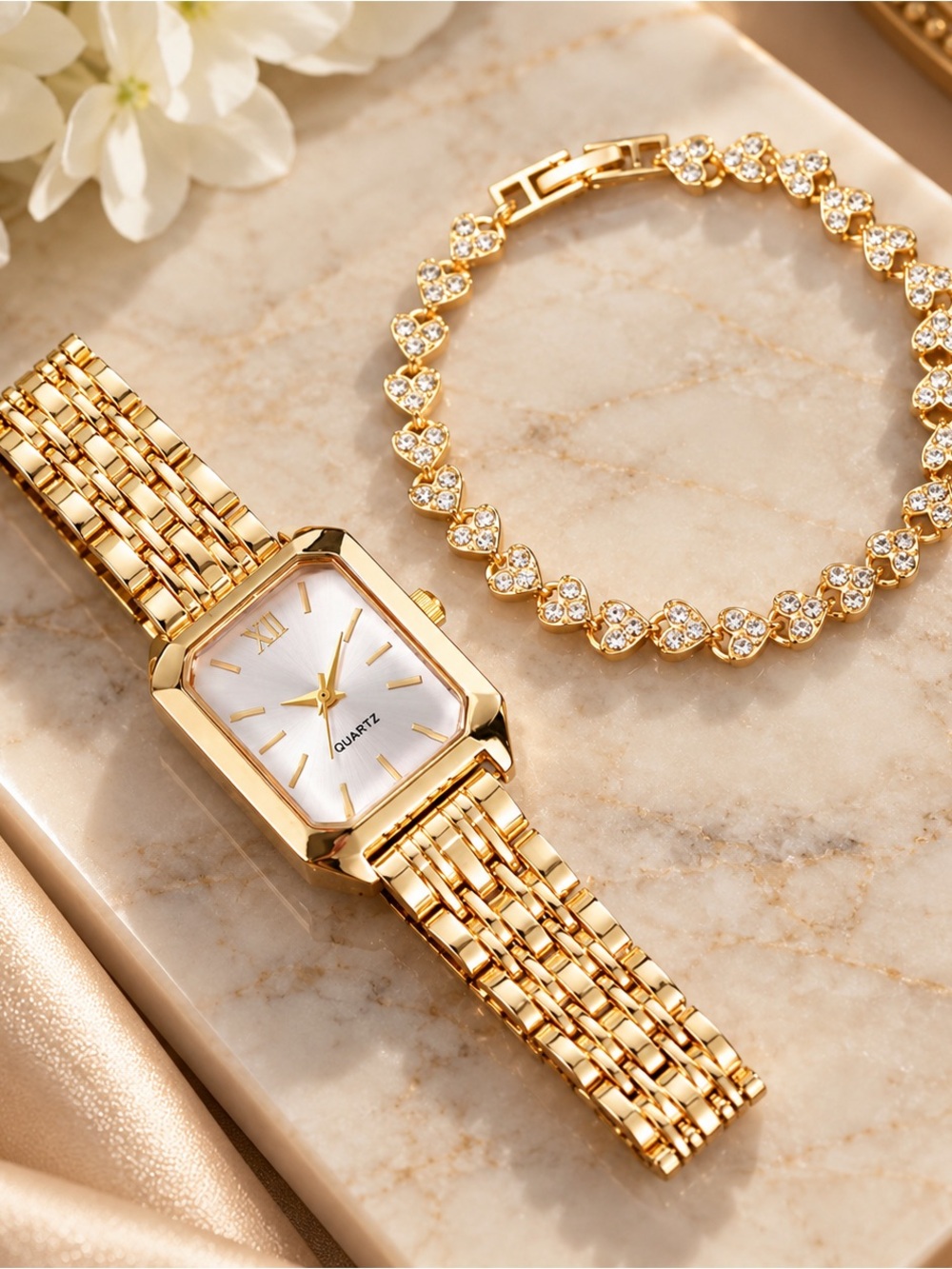 Gold Classic Women’s Quartz Bracelet Watch with Crystal Heart Bracelet